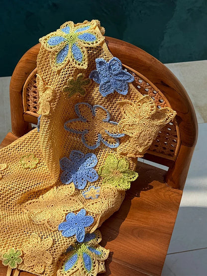 Yellow crocheted summer mini dress with floral embroidery for women – Nari-S-Nora Luxe