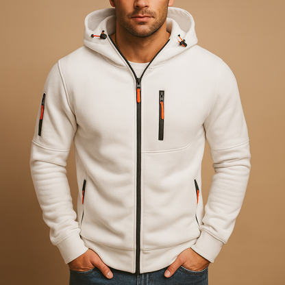Men’s zip hoodie with adjustable hood in black, blue, grey, green, or white. Comfortable, breathable, and perfect for casual and sporty autumn outfits.