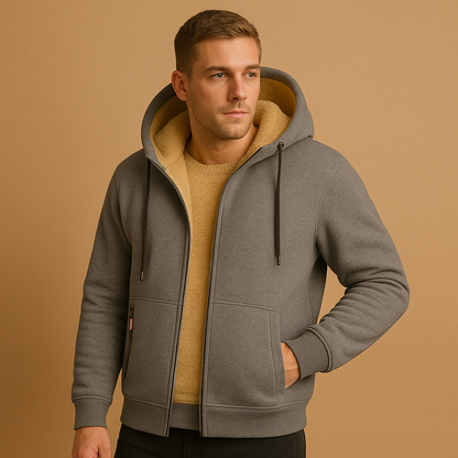 Men’s zipped hoodie with relaxed fit, hood, and zipper, available in black, gray, and navy blue. Perfect for casual wear, outdoor activities, or daily comfort.