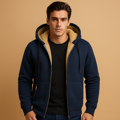 Men’s zipped hoodie with relaxed fit, hood, and zipper, available in black, gray, and navy blue. Perfect for casual wear, outdoor activities, or daily comfort.