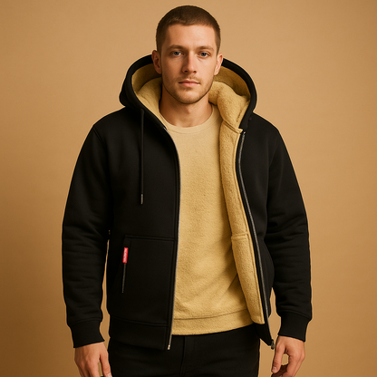 Men’s zipped hoodie with relaxed fit, hood, and zipper, available in black, gray, and navy blue. Perfect for casual wear, outdoor activities, or daily comfort.