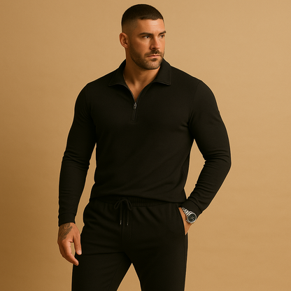 Modern tracksuit for men with zipped polo top and tapered joggers. Slim fit with stretch, perfect for casual outings, city walks, or relaxing at home.