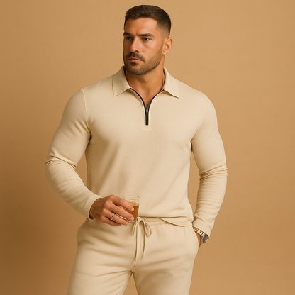 Modern slim fit tracksuit for men with zipper polo top and tapered joggers, perfect for casual outings or relaxing at home.