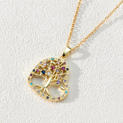 Zirconia Round Hollow Tree of Life Pendant - Necklace - Luna-Heart-shaped Colourful Zircon & Tree of Life-Nora Luxe