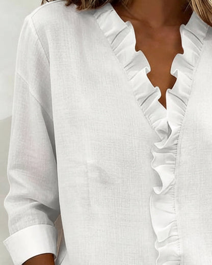 Image of Zoe | Women's Ruffle V-Neck Long Sleeve Blouse