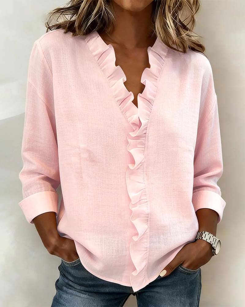 Feminine Ruffled V Neck Women's Long Sleeve Top - Olytrend