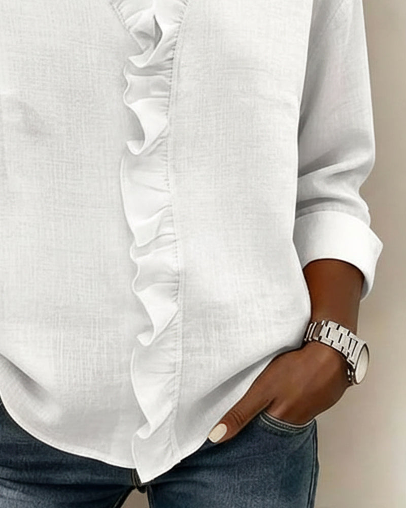 Image of Zoe | Women's Ruffle V-Neck Long Sleeve Blouse