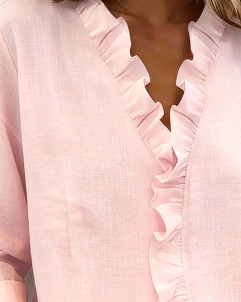 Image of Zoe | Women's Ruffle V-Neck Long Sleeve Blouse