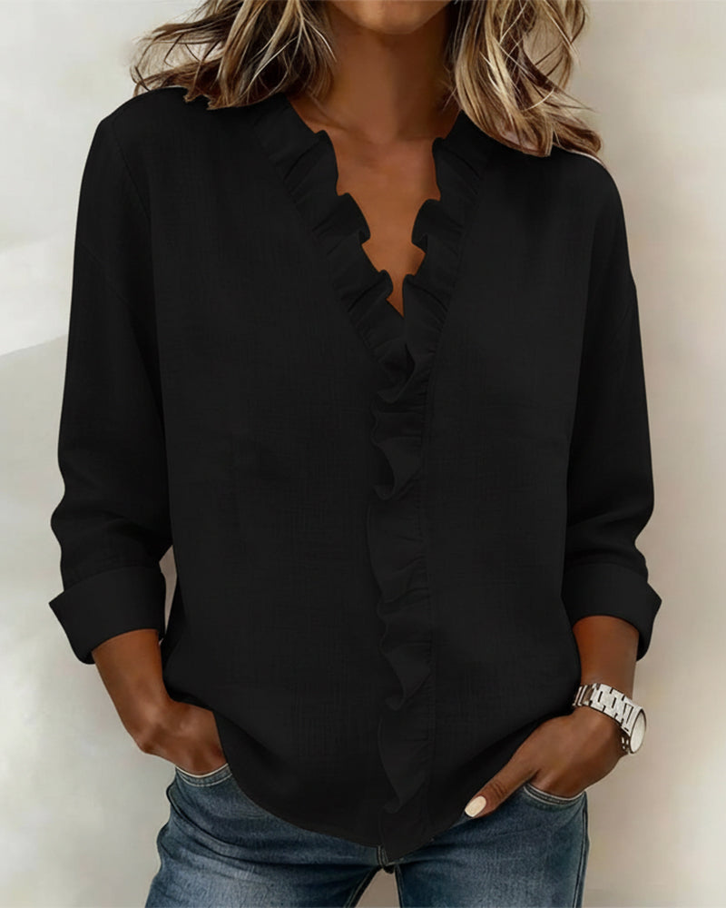 Image of Zoe | Women's Ruffle V-Neck Long Sleeve Blouse