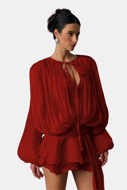 Chic Tie Neck Short Sleeve Mini Dress - Olytrend