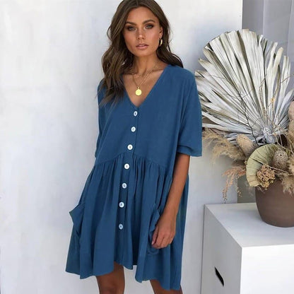 Relaxed Fit V-Neck Women's Dress with Pockets - Nocini
