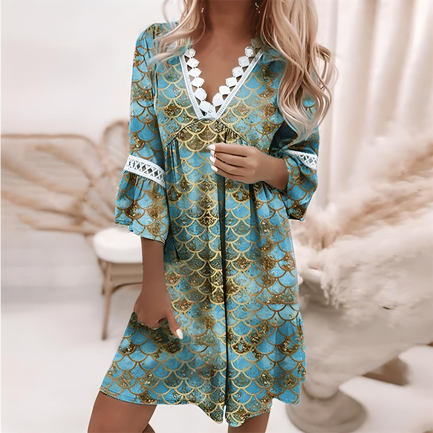 Casual V Neck Lace Dress with Ruffle Sleeves